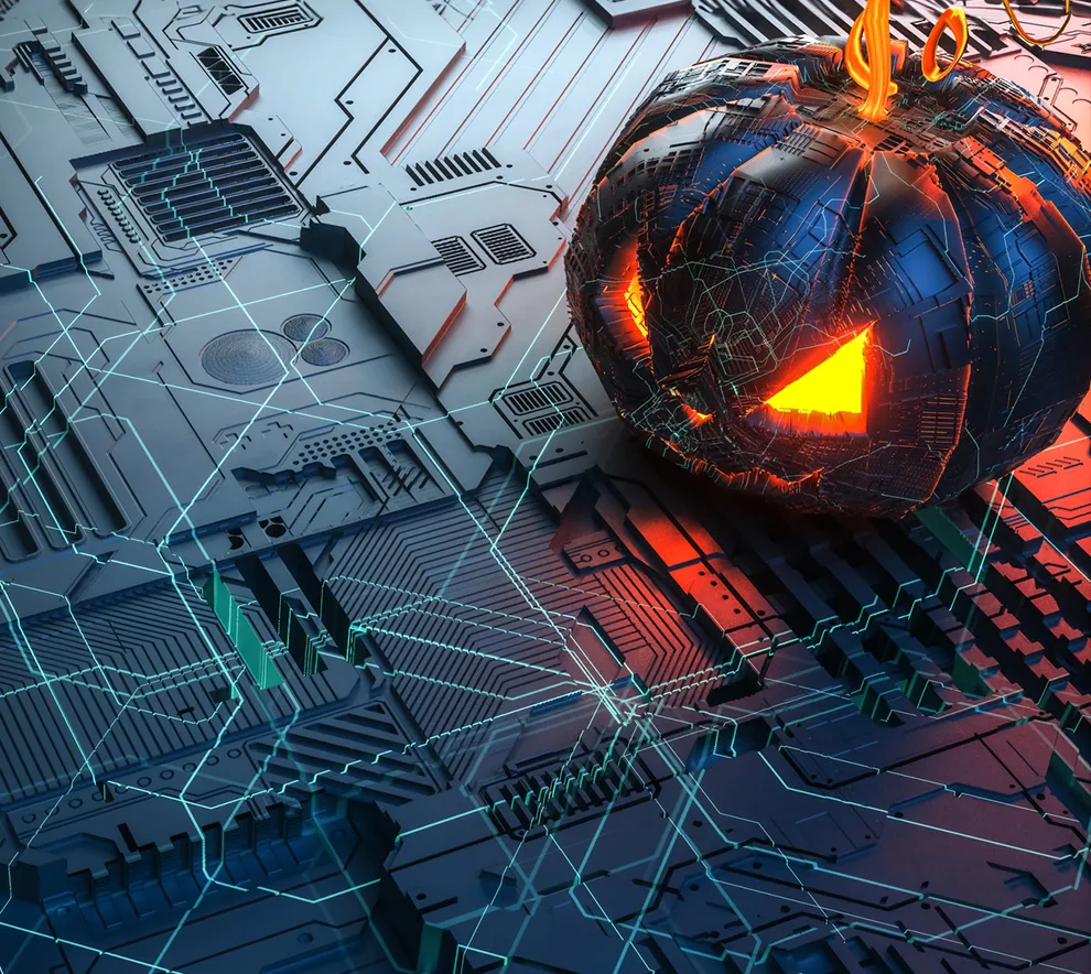 Digitalt Halloween-gresskar omgitt av futuristisk teknologi.