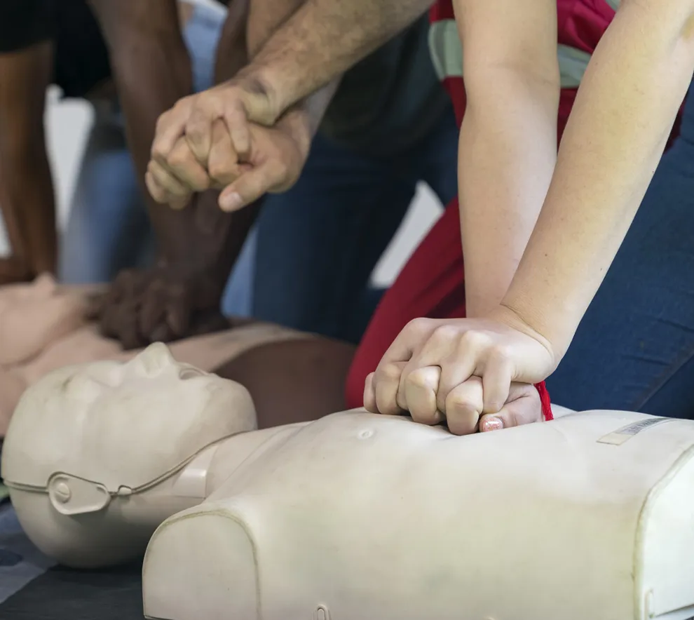 Deltakere øver på HLR med brystkompresjoner på førstehjelpsdukker.