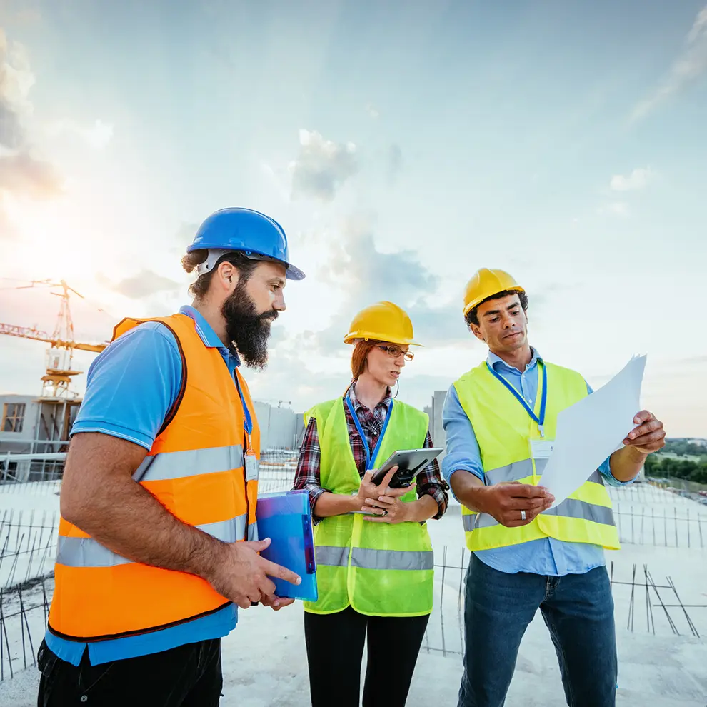 Ingeniører og byggeleder gjennomgår tegninger på byggeplass for offentlig infrastruktur