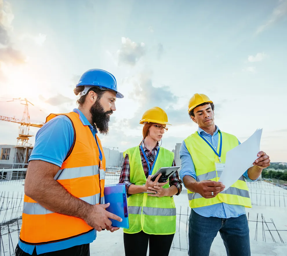 Ingeniører og byggeleder gjennomgår tegninger på byggeplass for offentlig infrastruktur
