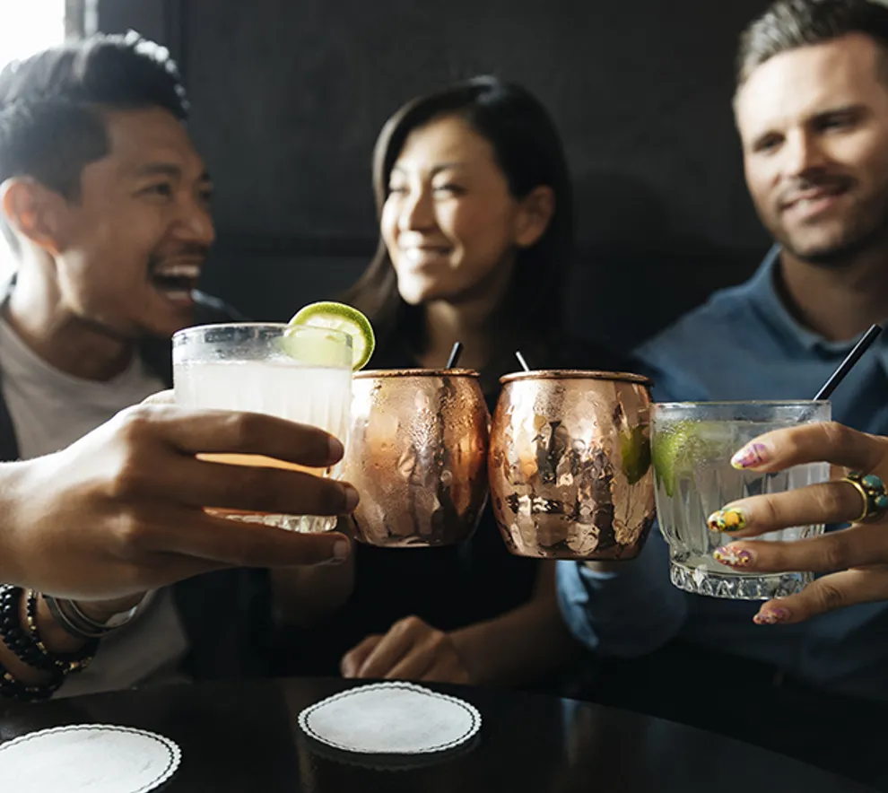 En gruppe venner koser seg på en bar, skåler.