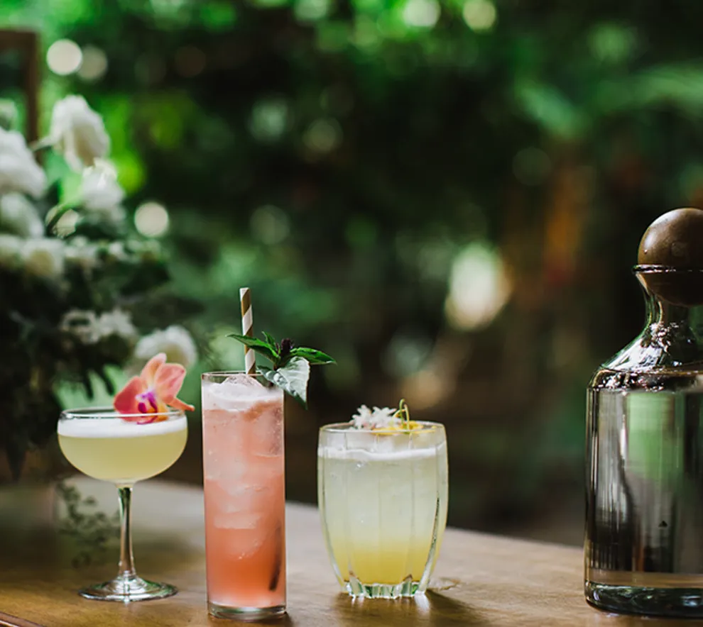 Tre varierte, sommerlige drinker med en frodig, grønn bakgrunn.