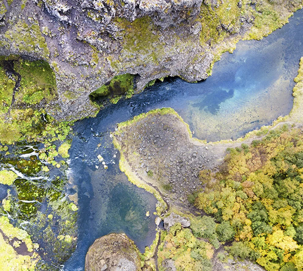 En kurvende elv beveger seg gjennom et grønt landskap. Fugleperspektiv.
