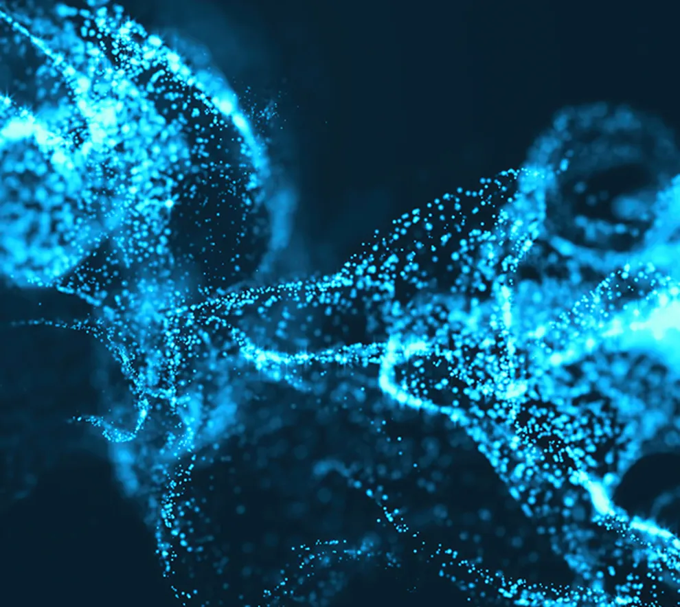 Abstrakt visualisering av blå lys- og partikkelstrøm som symboliserer teknologi.