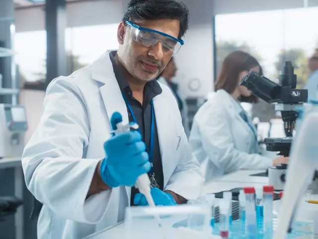 Forsker i laboratoriet som jobber med pipette og genteknologiske analyser.