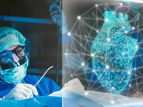 Illustrasjonsbilde av en lege som opererer en person med en holografisk dataskjerm