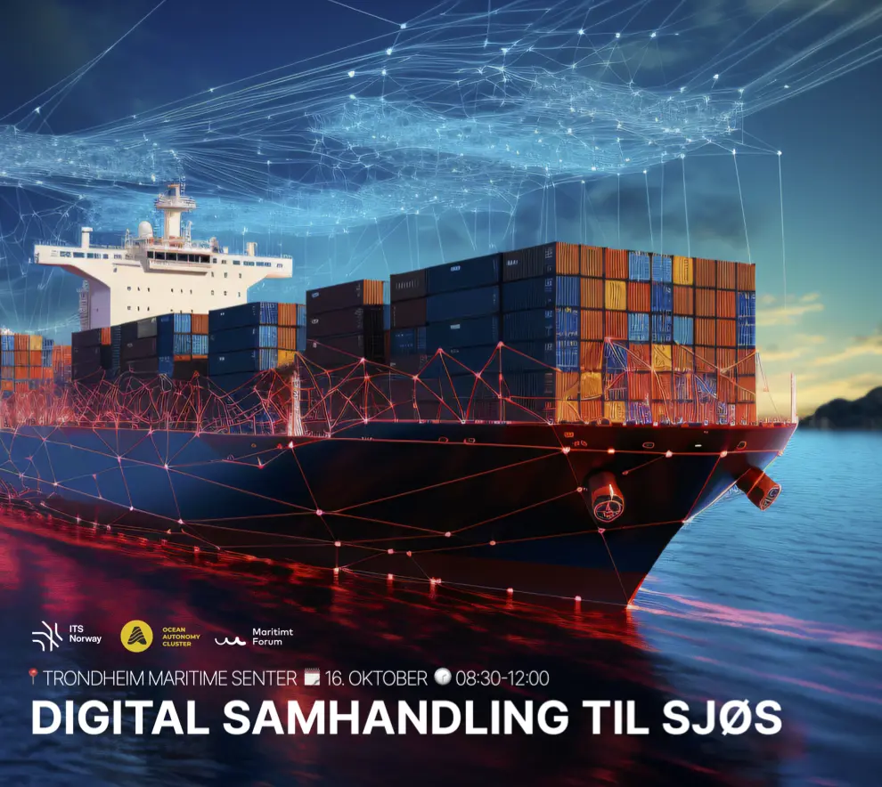 Containerskip til sjøs med digitale nettverkseffekter rundt skipet og i himmelen.