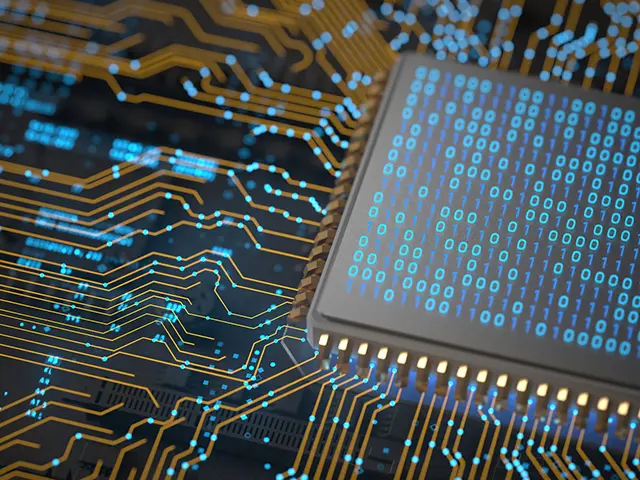 Illustrasjon av en futuristisk mikrochip med binærkode og elektroniske kretsløp, som symboliserer quantum computing og avansert teknologi.