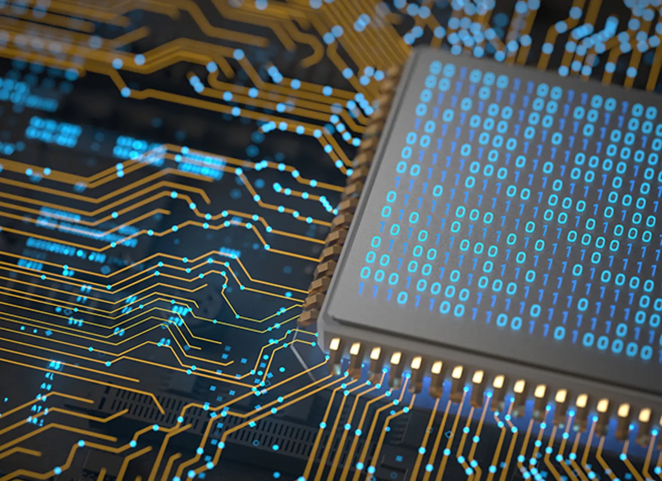 Illustrasjon av en futuristisk mikrochip med binærkode og elektroniske kretsløp, som symboliserer quantum computing og avansert teknologi.