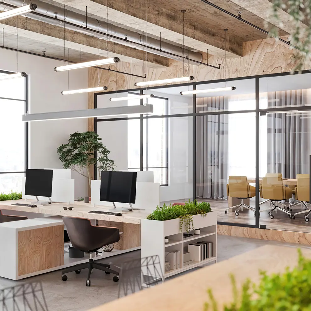 Moderne kontorinteriør med ny lysteknologi og bærekraftig design