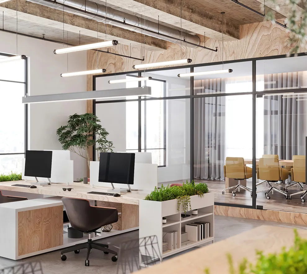Moderne kontorinteriør med ny lysteknologi og bærekraftig design