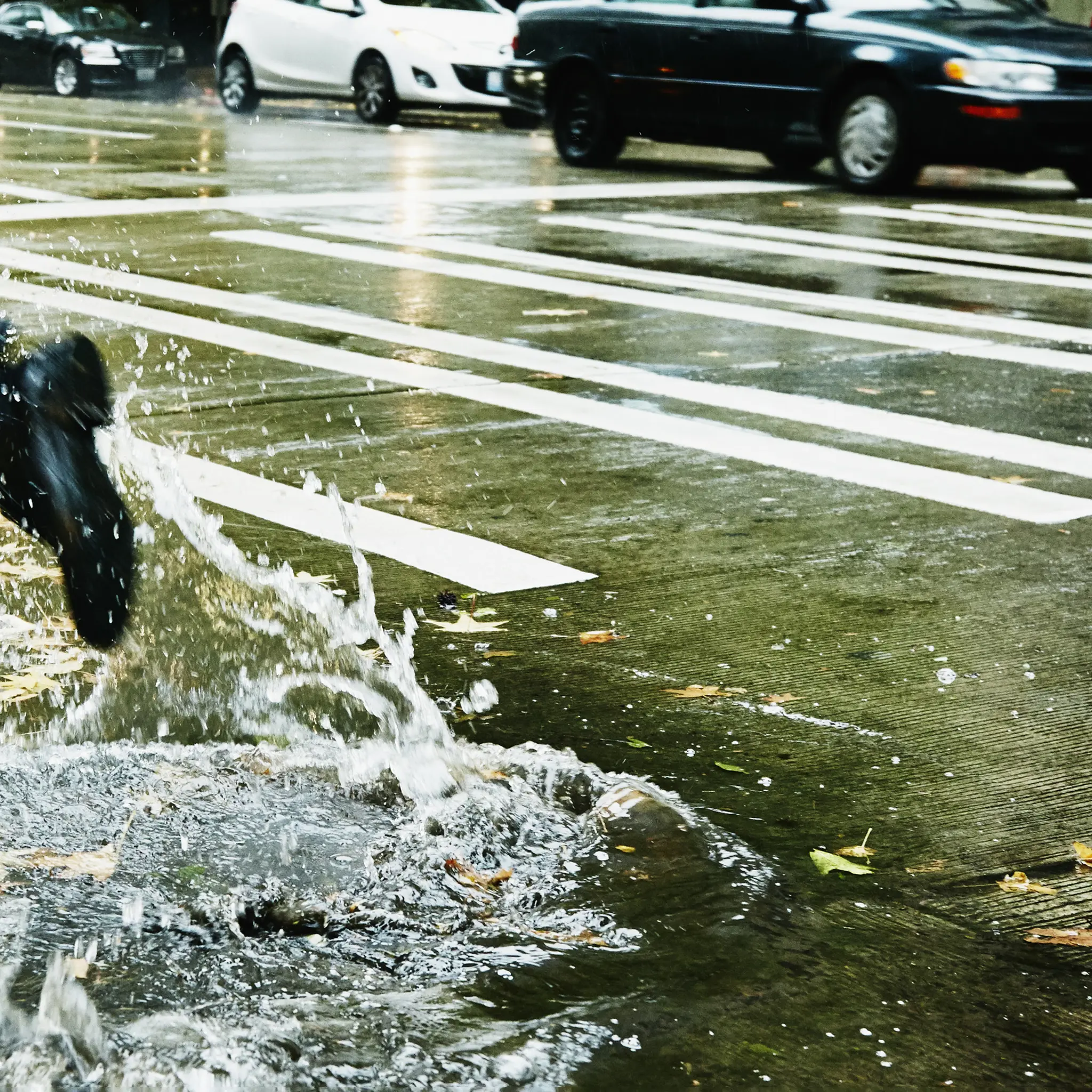 Foto av gate med vann forårsaket av regnvær og ben som løper over fotgjengerovergang
