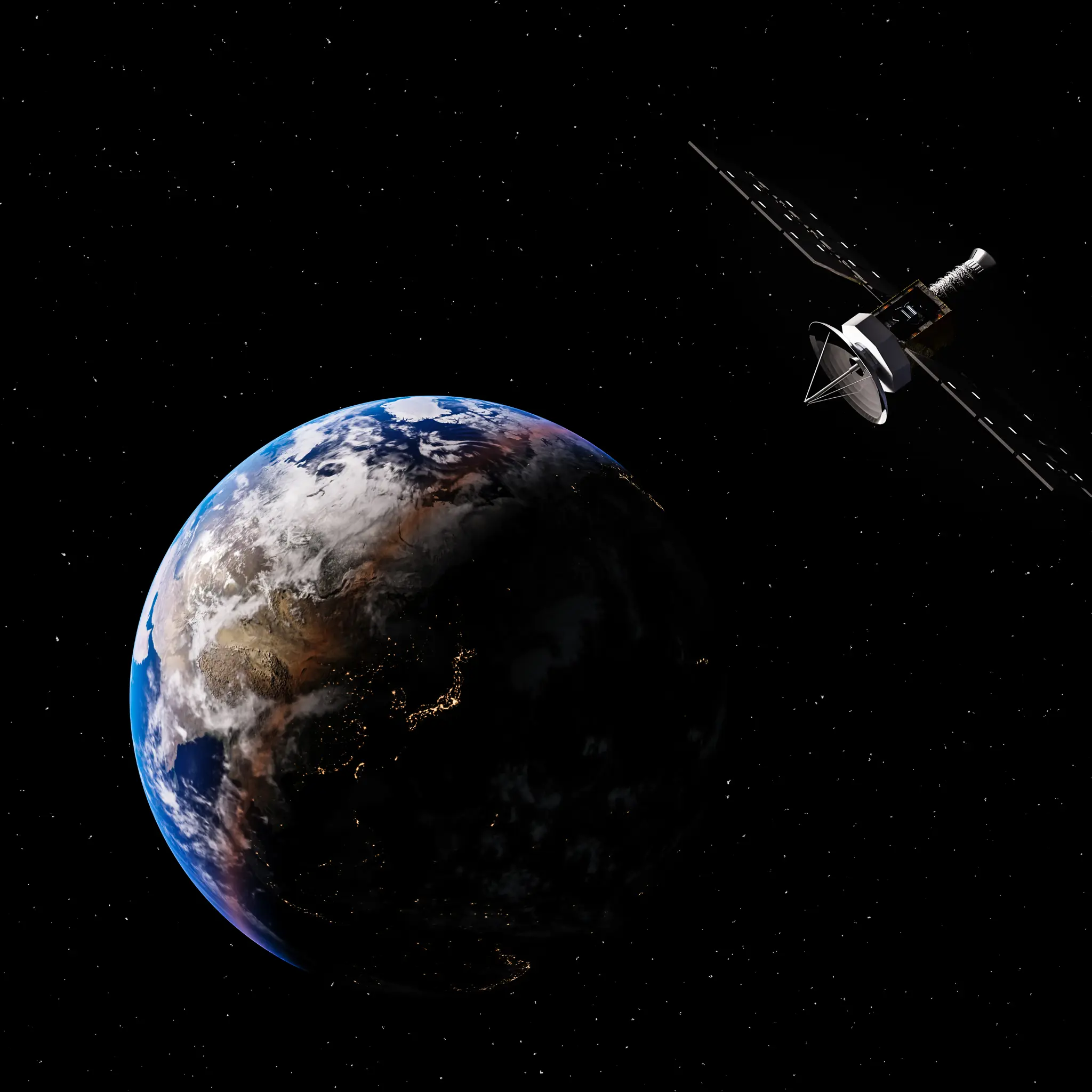 Jorden sett fra verdensrommet, satelitt i forgrunnen.