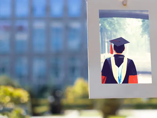 Illustrasjonsbilde av en foto med en student og et moderne kontorbygg i bakgrunn