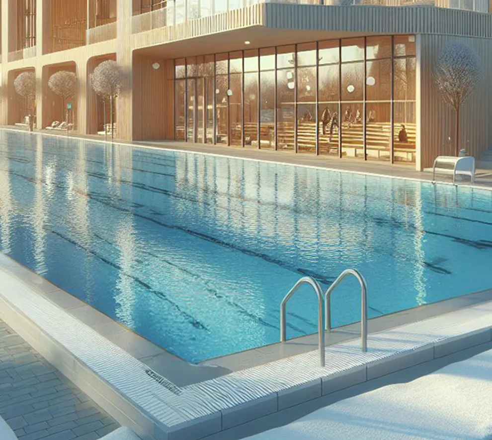 Digitalt generert bilde av en moderne svømmehall.