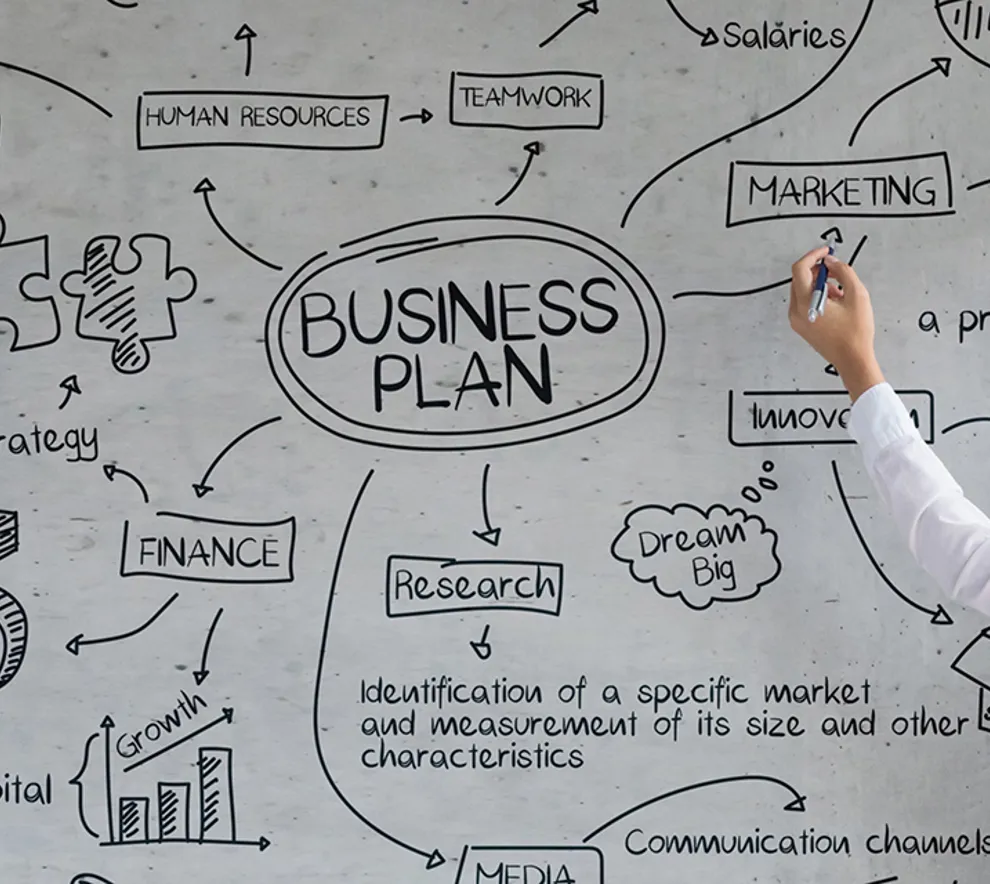 Kvinne tegner opp tankekart for Business plan på stor hvit tavle 